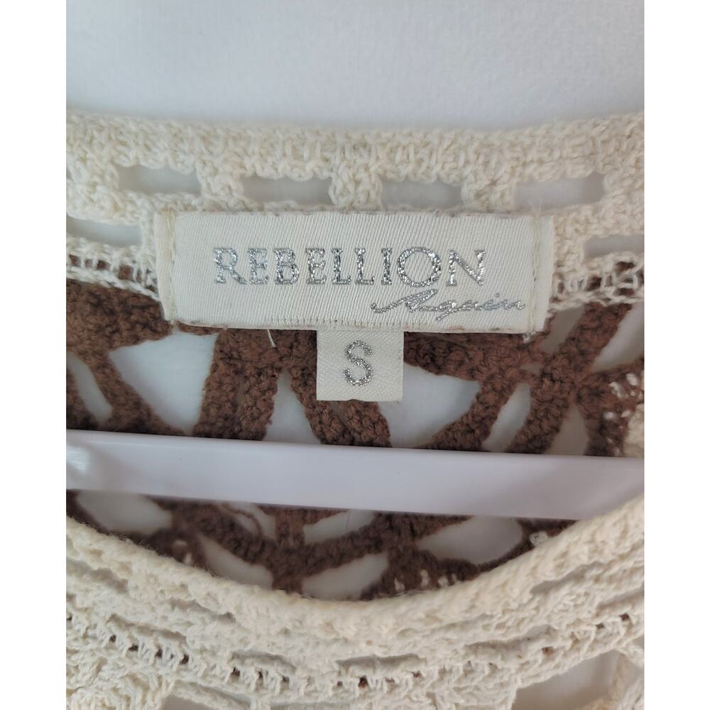 Boho Hippie REBELLION AGAIN Brown & Ivory Crochet Crop Top Size Small Festival - Picture 5 of 5